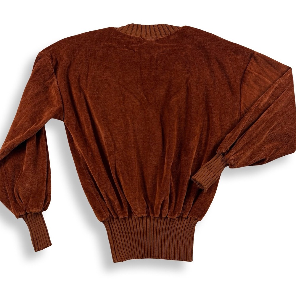 Vintage Fashion Tree Rust Brown Velour V-Neck Balloon Sleeve Sweater Large 4549 - Picture 2 of 7